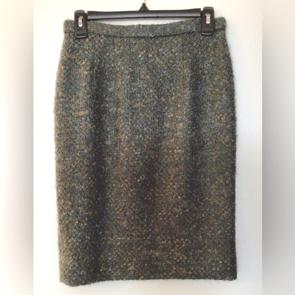 Tailor-Made Austrian Bouclé Wool Steel-Blue & Olive Green Pencil Skirt - US 4